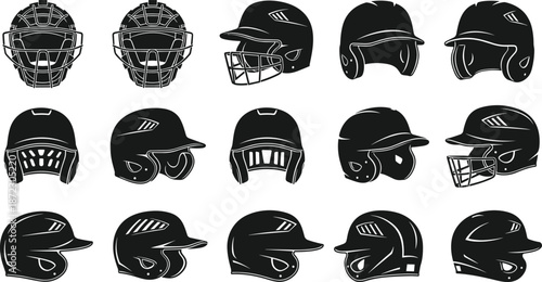 Baseball helmet silhouette set in multiple angles, sports protective gear collection, batting helmets icons, black vector isolated on white