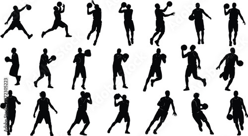 Basketball player silhouette set in action poses, dribbling shooting jumping movements, sport athlete collection, black figures isolated on white