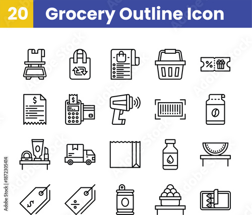 Grocery and Shopping Outline Icon Set