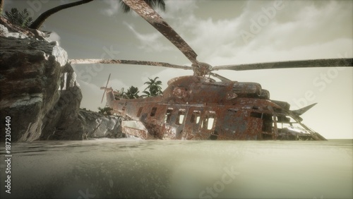 Quadro em tela Rusted helicopter partially submerged in calm waters, surrounded by pristine sand and vibrant palm trees under a hazy sky, creating an atmosphere of mystery and adventure