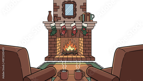 A cozy living room scene features a brick fireplace with stockings hanging and a roaring fire on transparent background