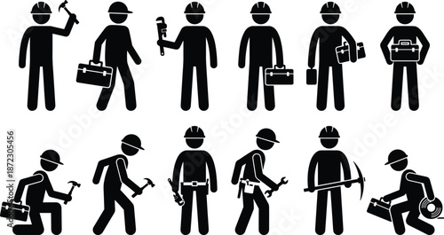 Construction workers, tradespeople, silhouettes, tools, hard hats, hammer, wrench, pickaxe, toolbox, posture, 