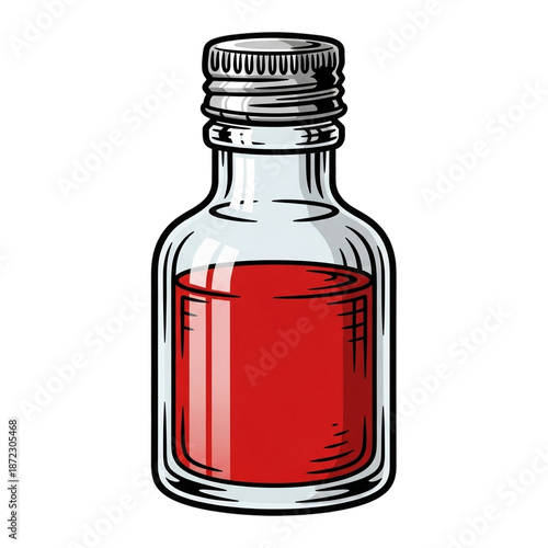 Glass bottle with red liquid and screw cap isolated on transparent background