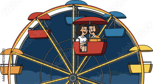 A couple enjoyed a romantic ride in a colorful Ferris wheel cabin on transparent background