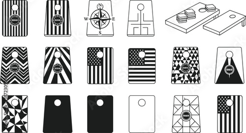 Cornhole board icons set, bean bag toss game silhouettes, outdoor party sports equipment collection, black and white vector illustration