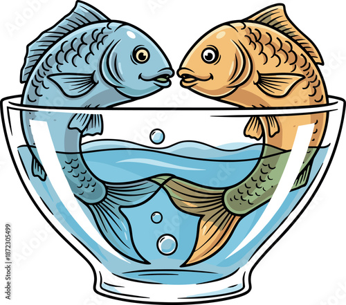Two colorful fish are swimming in a clear bowl on transparent background
