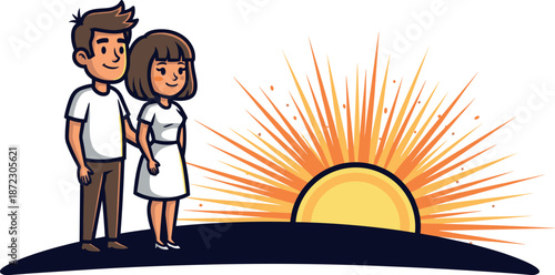 A young couple stands on a hilltop watching a vibrant sunrise on transparent background