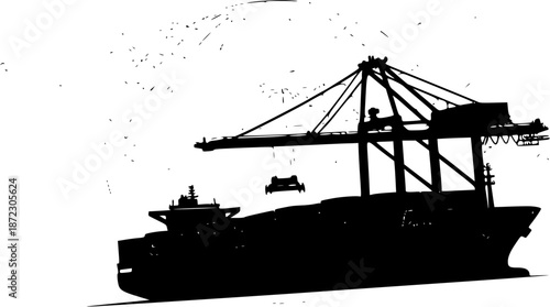 E-Commerce/Global Trade: A black silhouette of a large cargo container ship with a crane and a global map grid in the background.