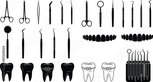 Dental tools, teeth, braces, oral care, silhouette, icons, black vector, flat illustration, forceps, mirror, scaler, probe, anatomy, hygiene, orthodontics, dentist, instruments, medical, jaw, tooth