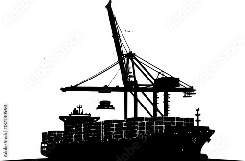 E-Commerce/Global Trade: A black silhouette of a large cargo container ship with a crane and a global map grid in the background.