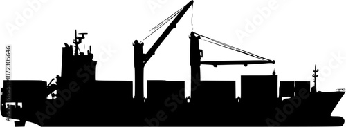 E-Commerce/Global Trade: A black silhouette of a large cargo container ship with a crane and a global map grid in the background.