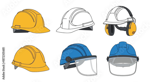 A collection of industrial safety helmets in various colors and designs