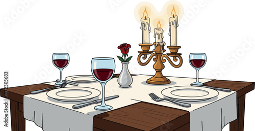 A beautifully arranged dinner table with candles, wine glasses, and a single rose on transparent background