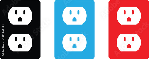 Electric Power Socket Icons Set in Black Blue and Red