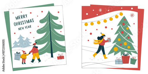 2027 Holiday Greeting – Christmas Card Set with Snowy Trees, Gift Bearers & Winter Family Walk