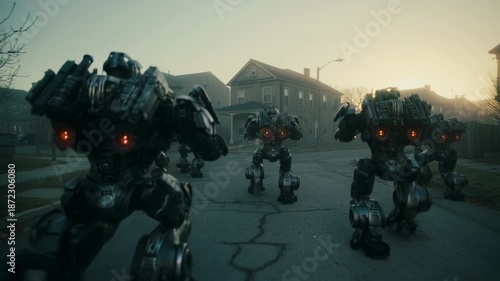 A menacing squad of armed robotic police raid houses in a low income neighborhood