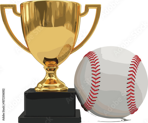 Golden trophy cup with baseball ball symbolizing sports victory and achievement isolated on white background vector illustration