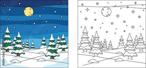 Coloring book page of winter night forest landscape with snowy pine trees and moon, side by side colored and outline vector illustration for kids activity