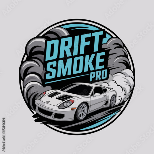 Drift Smoke Pro tuner sliding sideways with billowing tire haze, round badge for drift crews, competitions, decals and street racing apparel
