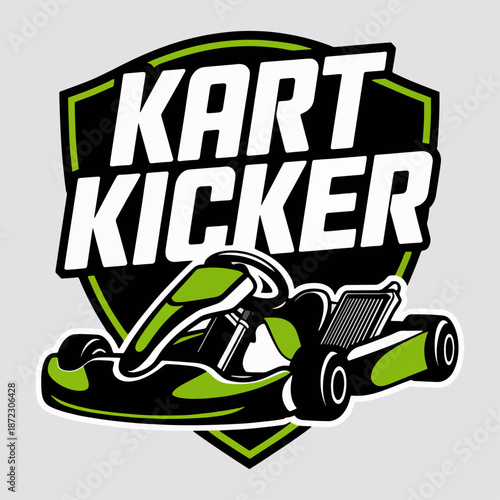 Kart Kicker shield logo with fast go‑kart in lime green, energetic karting club badge vector for rental tracks, leagues, signage, stickers and merchandise