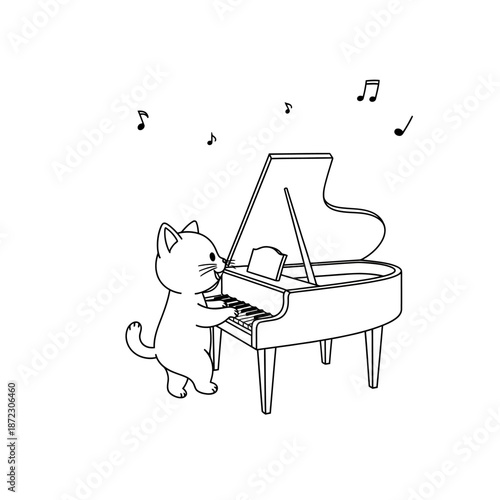 Cute cartoon cat playing grand piano with musical notes.