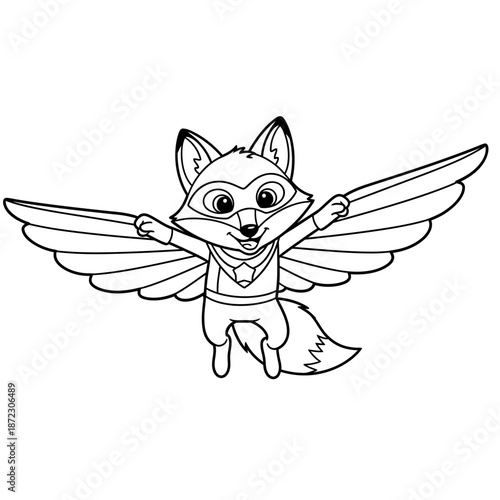 Cute Cartoon Fox with Wings Flying Line Art Illustration.