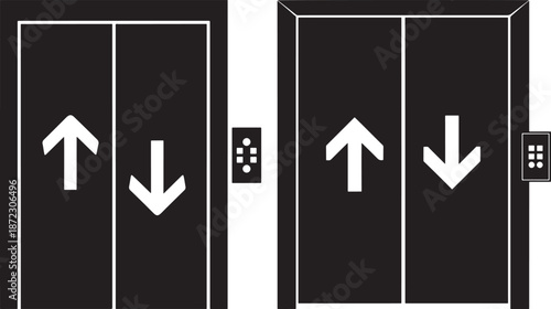 Elevator doors with up and down arrow indicators silhouette icons. Lift entrance symbol for building navigation, architecture, and interior transport concepts.