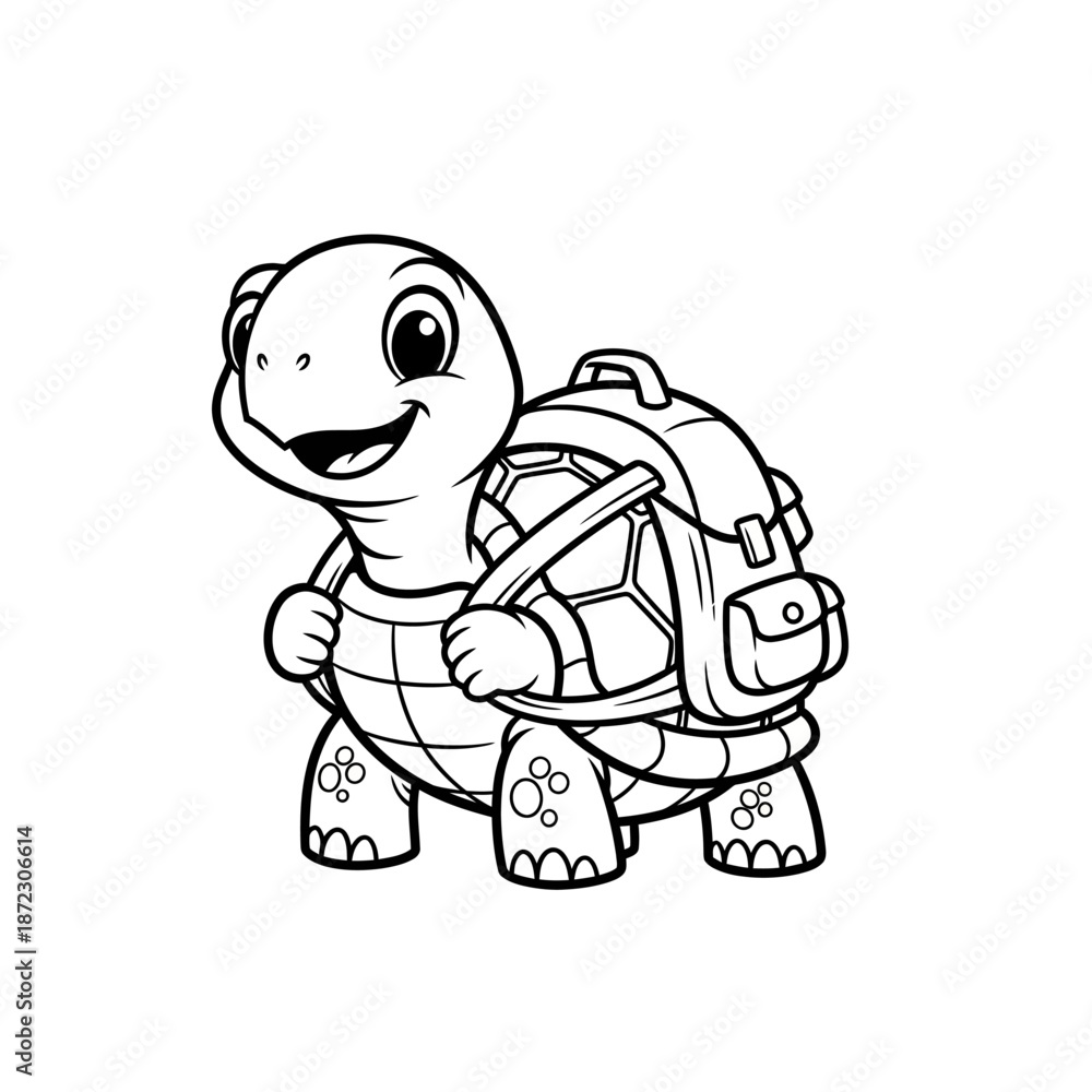 Obraz premium Cute Cartoon Turtle with Backpack Black and White Outline.