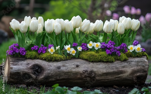 Rustic elegance in a spring garden featuring a stunning log planter filled with white tulips and colorful daffodils
