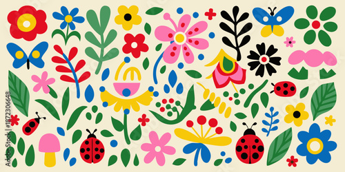 A colorful and playful arrangement of flowers butterflies and insects