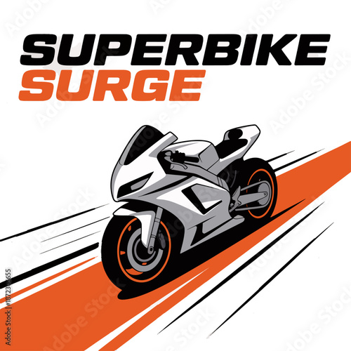 Superbike Surge white sport motorcycle blasting with orange speed lines, fast road racing badge vector for clubs, championships, posters and merchandise