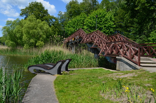 Wooden footbridge over a pond in a park