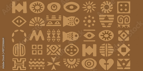 Intricate patterns of ancient adinkra symbols displayed in a repeating earthy tone
