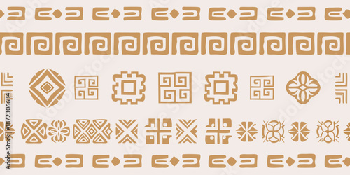 Repeating geometric patterns and traditional designs in a neutral color scheme