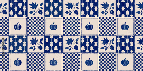 Blue and white repeating pattern featuring apples leaves and geometric shapes