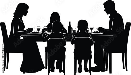 Family dining together at home table, parents and children sharing meal, silhouette illustration representing bonding lifestyle and togetherness