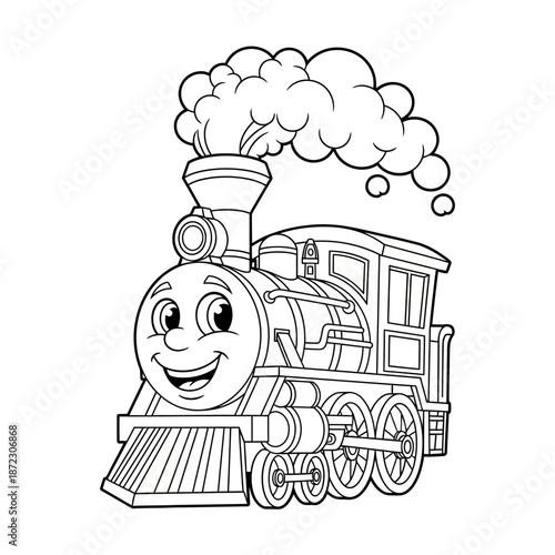 Happy Cartoon Steam Train Engine Coloring Page Outline.