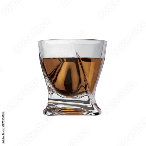 High-quality 3D render of whiskey glass with ice cubes, isolated on transparent background, premium bourbon scotch for liquor advertising and bar menu design.
