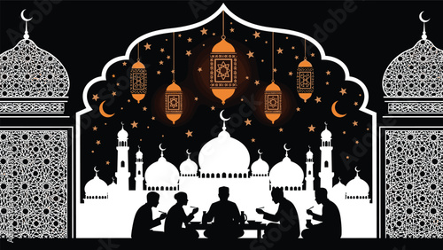 Ramadan iftar gathering with mosque silhouette, hanging lanterns and crescent moon, Islamic night celebration illustration in decorative arch design