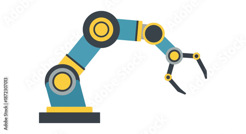A simplified illustration of a blue and yellow robotic arm with a gripper