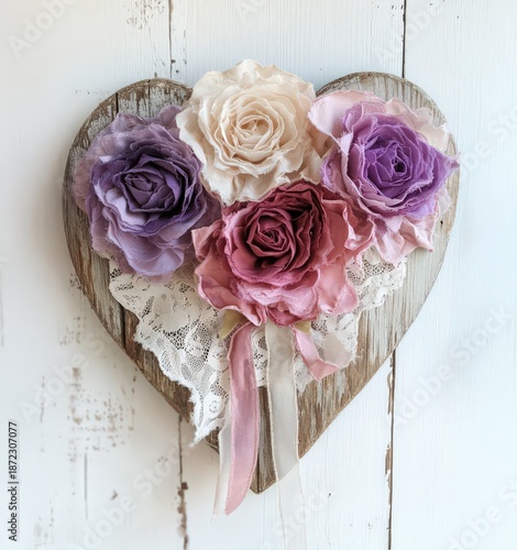 Beautiful heart shaped decor featuring handmade flowers in shades of purple and pink on rustic wood background