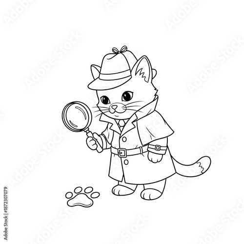 Cute Detective Cat Examining Paw Print with Magnifying Glass.