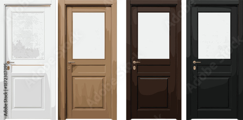 Interior wooden door set with glass panels in various colors isolated on white background realistic vector illustration