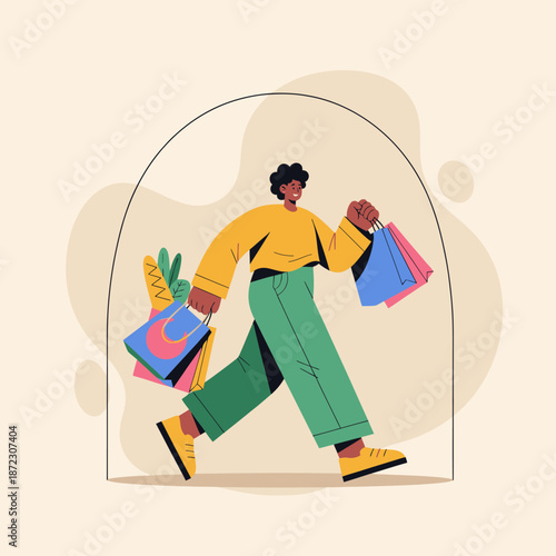 Woman Walking with Shopping Bags and Parcels.