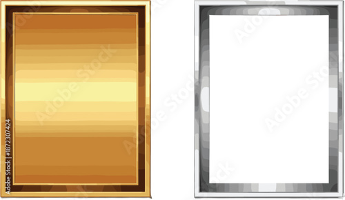 Luxury gold and silver rectangular frames set with glossy metallic finish isolated on white background elegant vector illustration