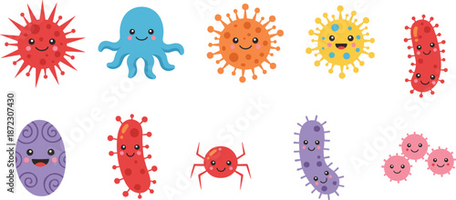 Cute cartoon virus and bacteria character set with smiling microbes for medical education, healthcare design, children illustrations, and science concepts