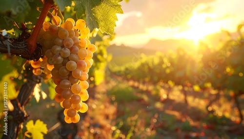 Golden Grapes Ripening in the Warm Sunlight of a Vineyard.