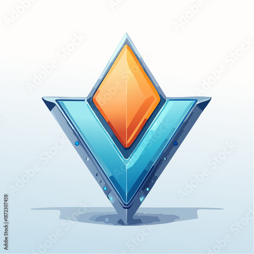 Futuristic glossy metallic V-shape icon with orange diamond insert. Abstract 3D corporate technology logo design element.