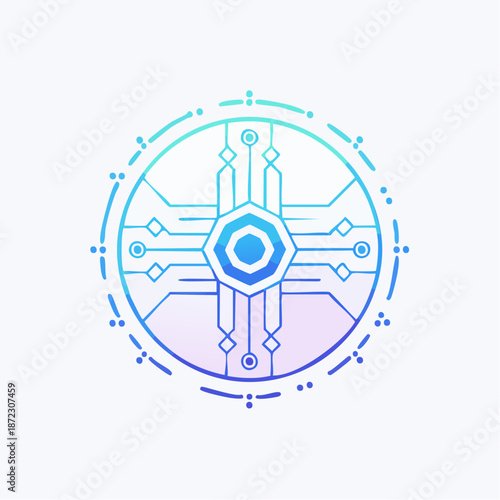 Futuristic Digital Core Processor Icon. Abstract vector illustration representing Artificial Intelligence, Cybersecurity, and Global Data Flow.