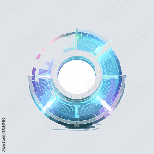 Futuristic Abstract HUD Element Vector. High-tech Circular Data Visualization Interface Design in Neon Blue and Purple Tones.